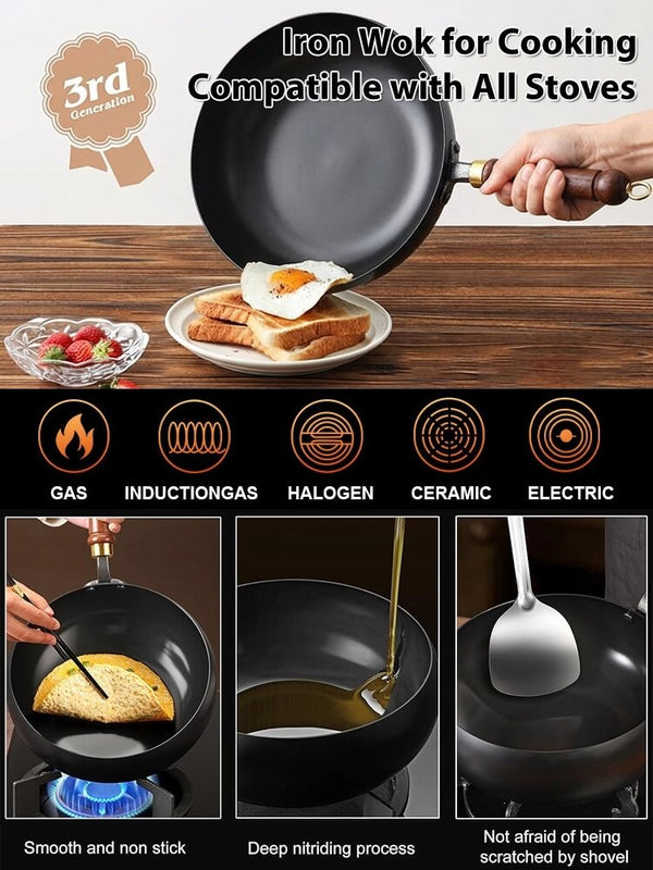 Japanese Handcrafted Iron Wok with Lid - PFOS-Free Lifetime Durable Non-Coated Cookware