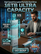 16TB Military-Grade Portable Hard Drive - Secure High-Speed 1000MB/s External Storage