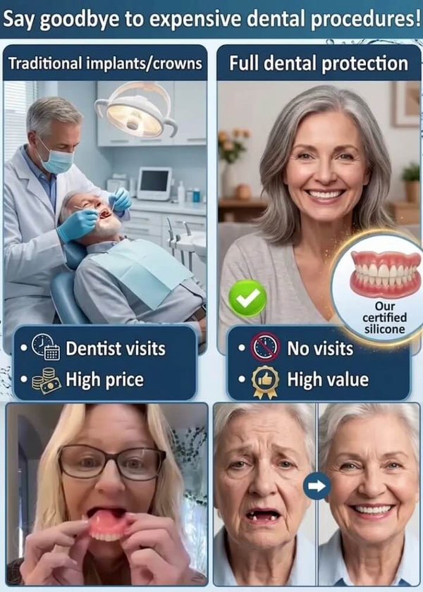 Full Coverage Dentures - Comfortable Cosmetic False Teeth with Free Portable Storage Box
