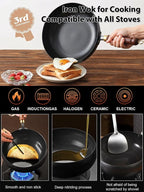 Japanese Handcrafted Iron Wok with Lid - PFOS-Free Lifetime Durable Non-Coated Cookware