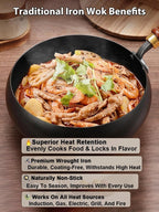 Japanese Handcrafted Iron Wok with Lid - PFOS-Free Lifetime Durable Non-Coated Cookware