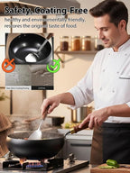Japanese Handcrafted Iron Wok with Lid - PFOS-Free Lifetime Durable Non-Coated Cookware