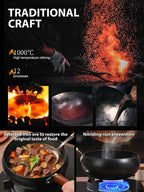 Japanese Handcrafted Iron Wok with Lid - PFOS-Free Lifetime Durable Non-Coated Cookware