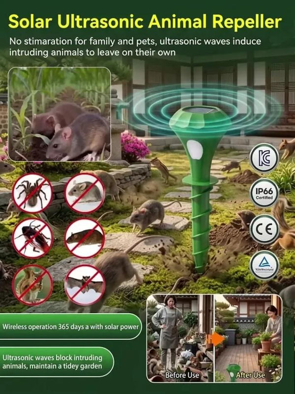 Solar-Powered Animal Repellent - Waterproof Ultrasonic Outdoor Protection