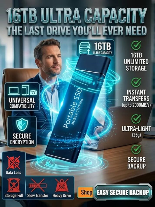 Ultra-Thin Portable SSD - High-Speed 16TB Compact Storage Drive
