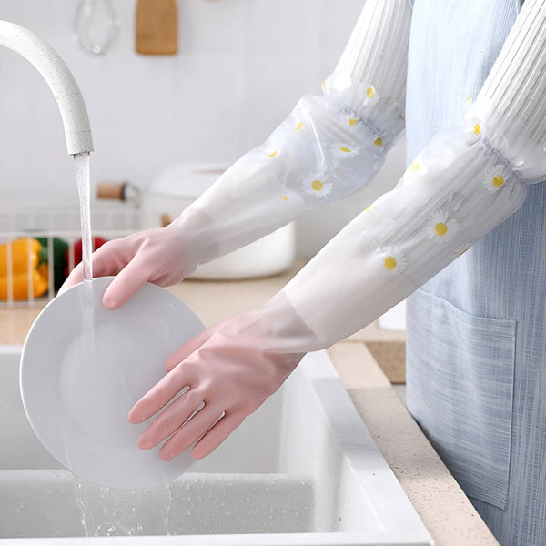 Women's Dishwashing Gloves - Velvet-Lined Long Waterproof Gloves for Kitchen & Household Cleaning