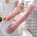 Women's Dishwashing Gloves - Velvet-Lined Long Waterproof Gloves for Kitchen & Household Cleaning