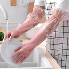 Women's Dishwashing Gloves - Velvet-Lined Long Waterproof Gloves for Kitchen & Household Cleaning